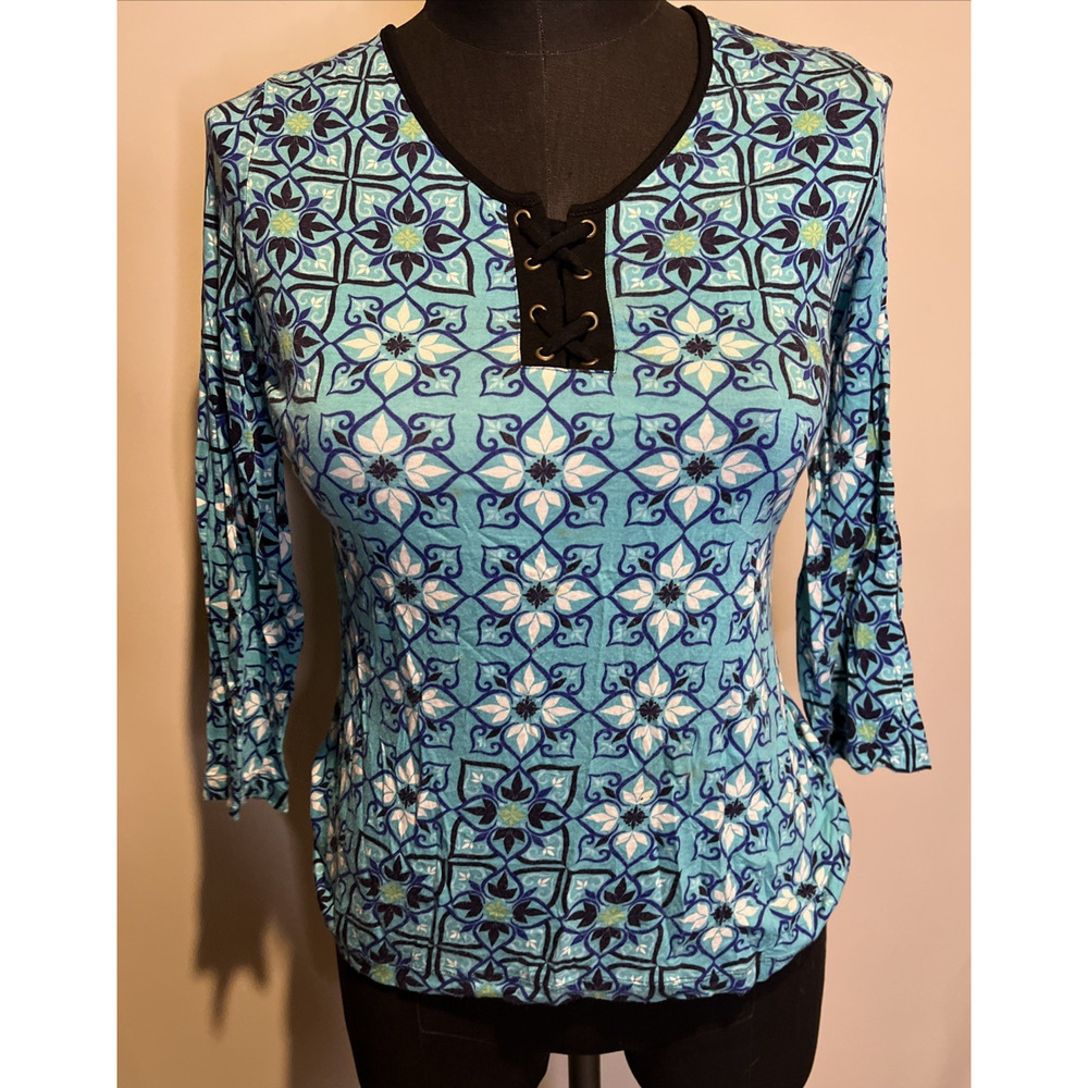 Y2K Neiman Marcus Teal 3/4 Sleeve Tunic Size Medium Stretch Geometric Lace up